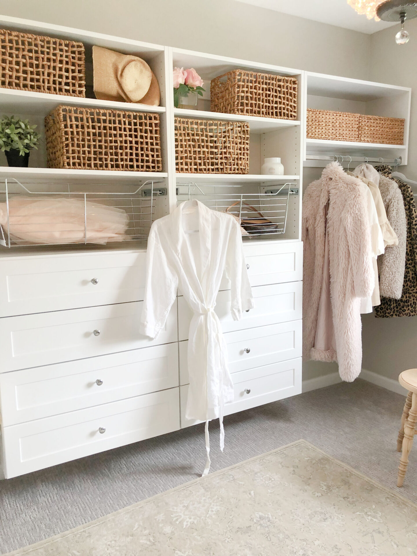Lots of drawers and pull outs in my new pretty DIY closet - Hello Lovely Studio. #closettowers #customcloset #closetupgrade
