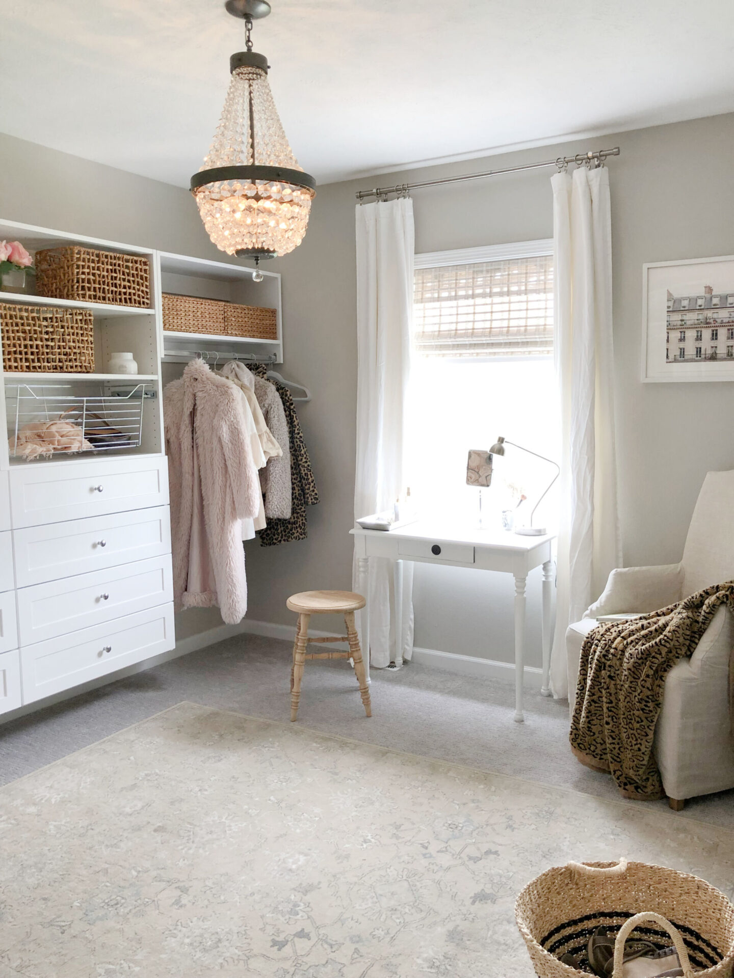 A DIY custom closet with a vanity/work area at the window was the perfect solution for this spare and awkward bedroom - Hello Lovely Studio. #customcloset #diycloset #cloffice
