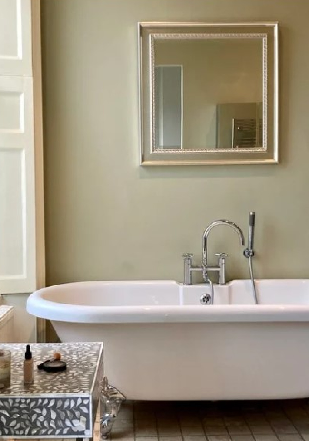 Ball Green paint color (Farrow & Ball) in a classic bathroom with clawfoot tub. #ballgreen