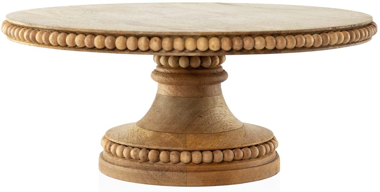 Beaded detail on rustic mango wood cake pedestal or cake stand.