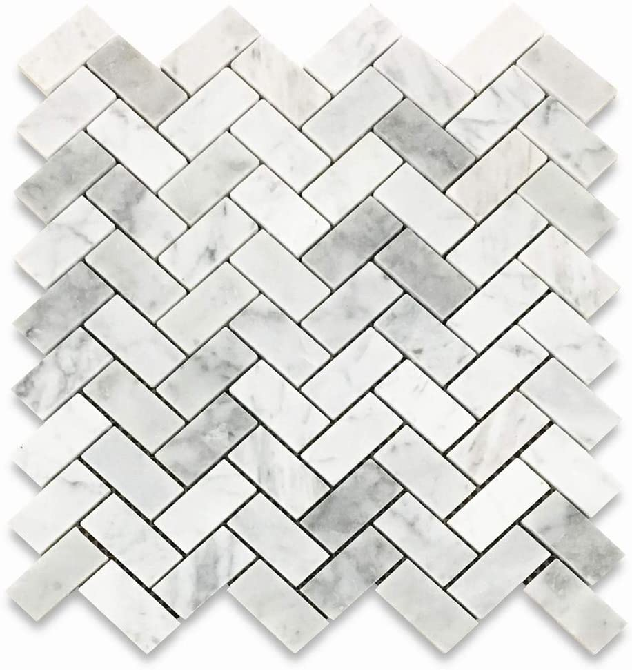 Carrera marble mosaic herringbone tile