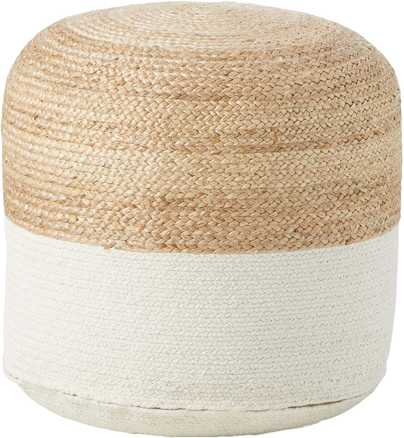 Round jute and white cotton pouf.