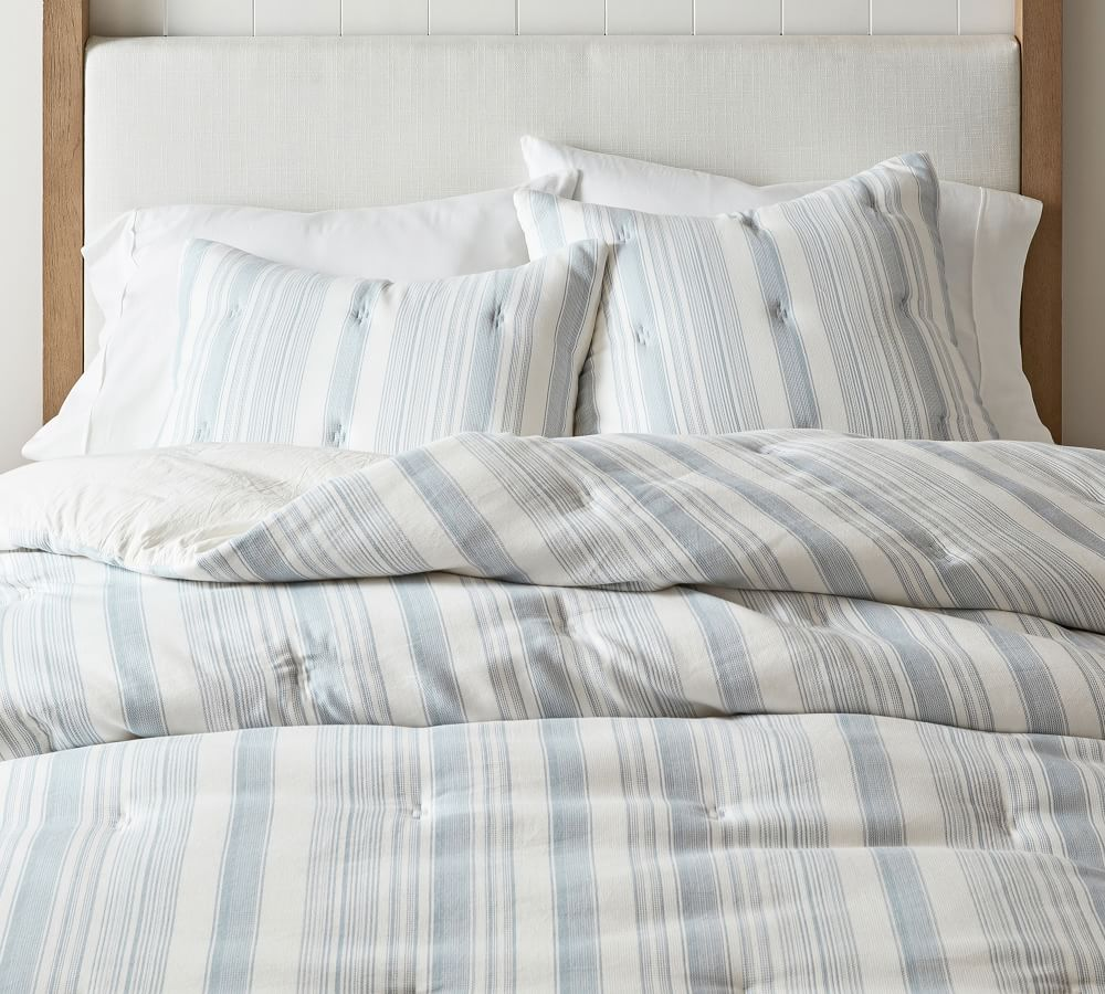 Light blue Hawthorn Stripe bedding from Pottery Barn