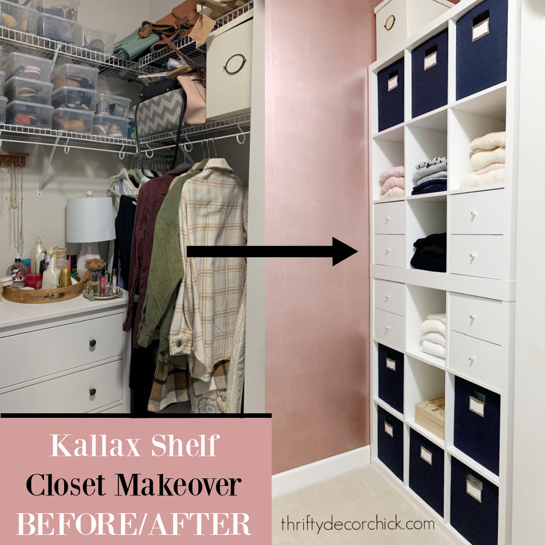 Ikea hack of a Kallax shelf for a DIY custom closet by Thrifty Decor Chick. #ikeahacks #customcloset #kallax