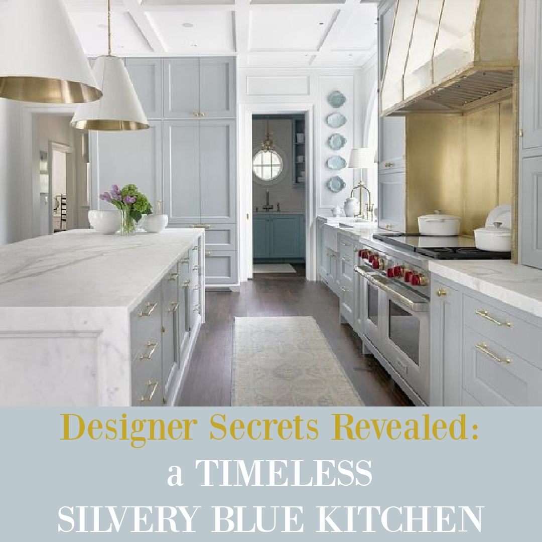Timeless silvery blue kitchen designer secrets from Southeastern Designer Showhouse 2017 on Hello Lovely Studio. #bluekitchens #timelesskitchen #kitchendesign