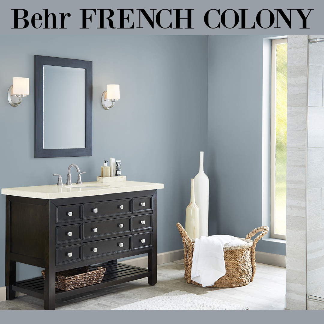 Blue gray bathroom painted Behr French Colony. #bluegraypaintcolors #frenchcolony