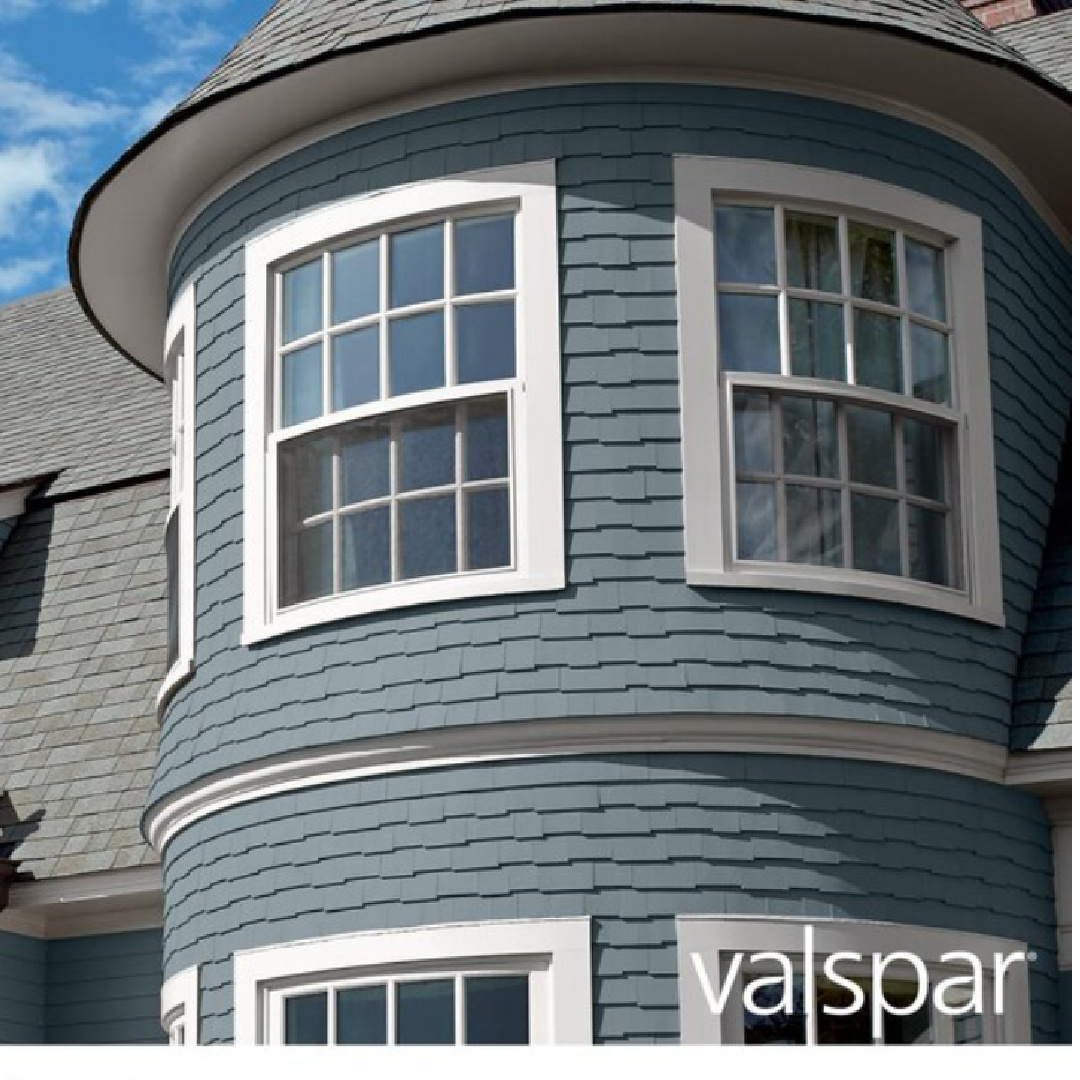 Blue gray house exterior painted Academy Gray (Valspar). #valsparacademygray