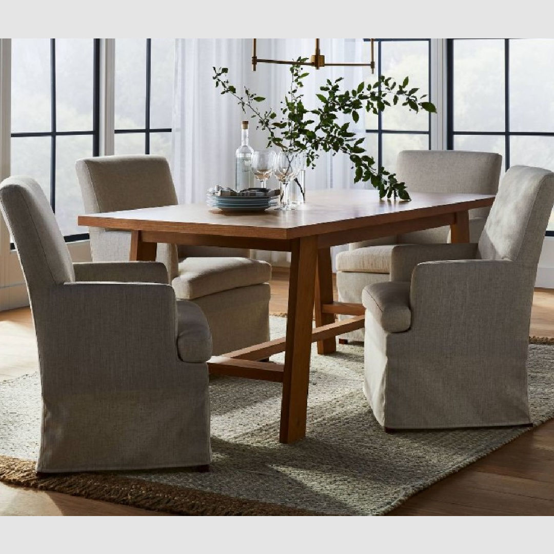 Belgian style upholstered dining arm chair with skirt - Studio McGee and Threshold for Target. #studiomcgee #diningroomfurniture #belgianstylechair