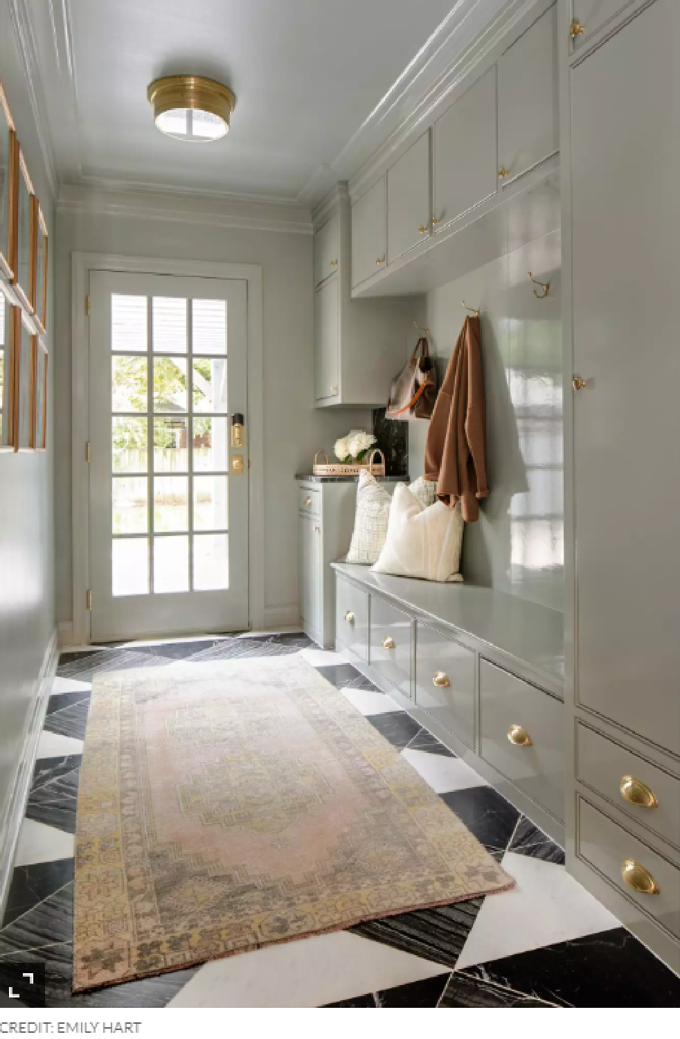 Mudroom painted Farrow & Ball Pigeon - Brown Interiors (Emily Hart photo). #pigeon #graypaintcolors #mudroom