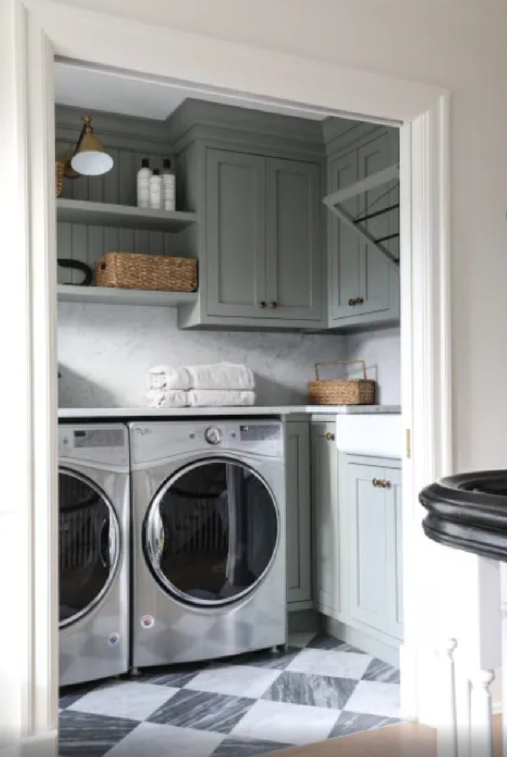 Laundry room painted Farrow & Ball Pigeon - Park and Oak. #farrowandballpigeon