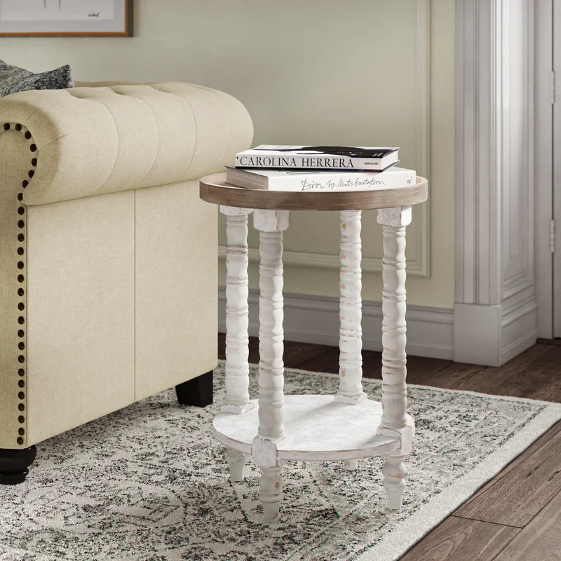 Rustic round white end table