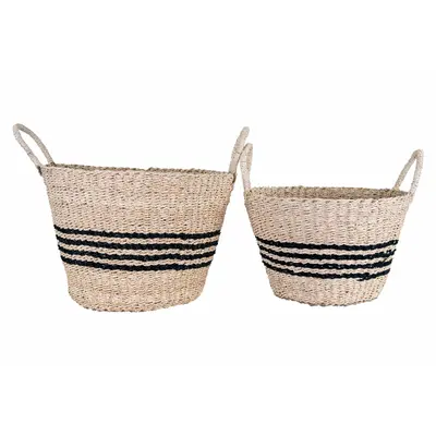 Beige seagrass baskets with black stripes