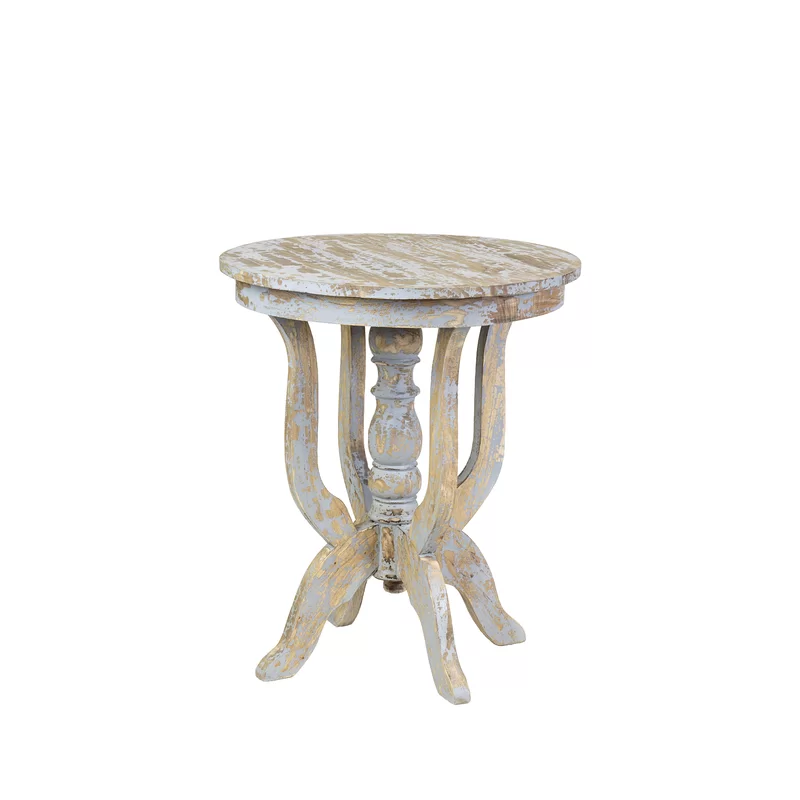 Tall wood pedestal side table with rustic distressed style.