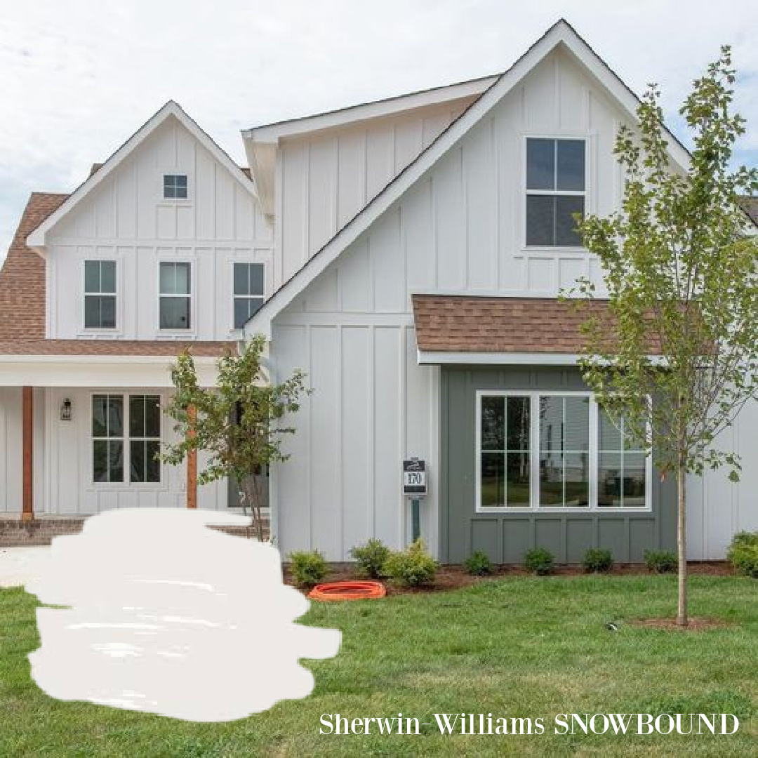 Sherwin Williams Snowbound white paint color on board and batten modern farmhouse. #snowbound #whitehousecolors