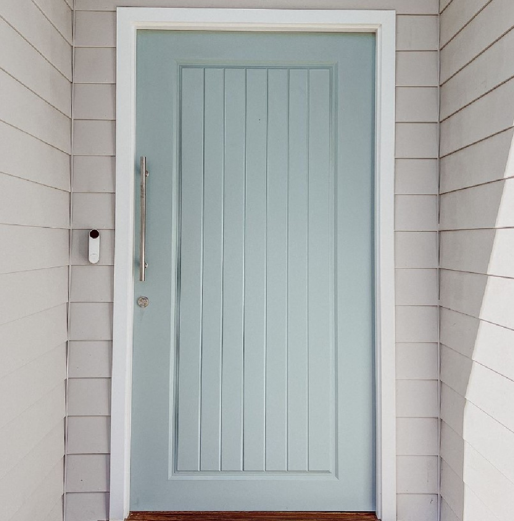 Duck Egg Blue (Dulux Australia) painted front door with light grey siding - @ourhutleyhome. #duckeggblue #paintcolors #frontdoors