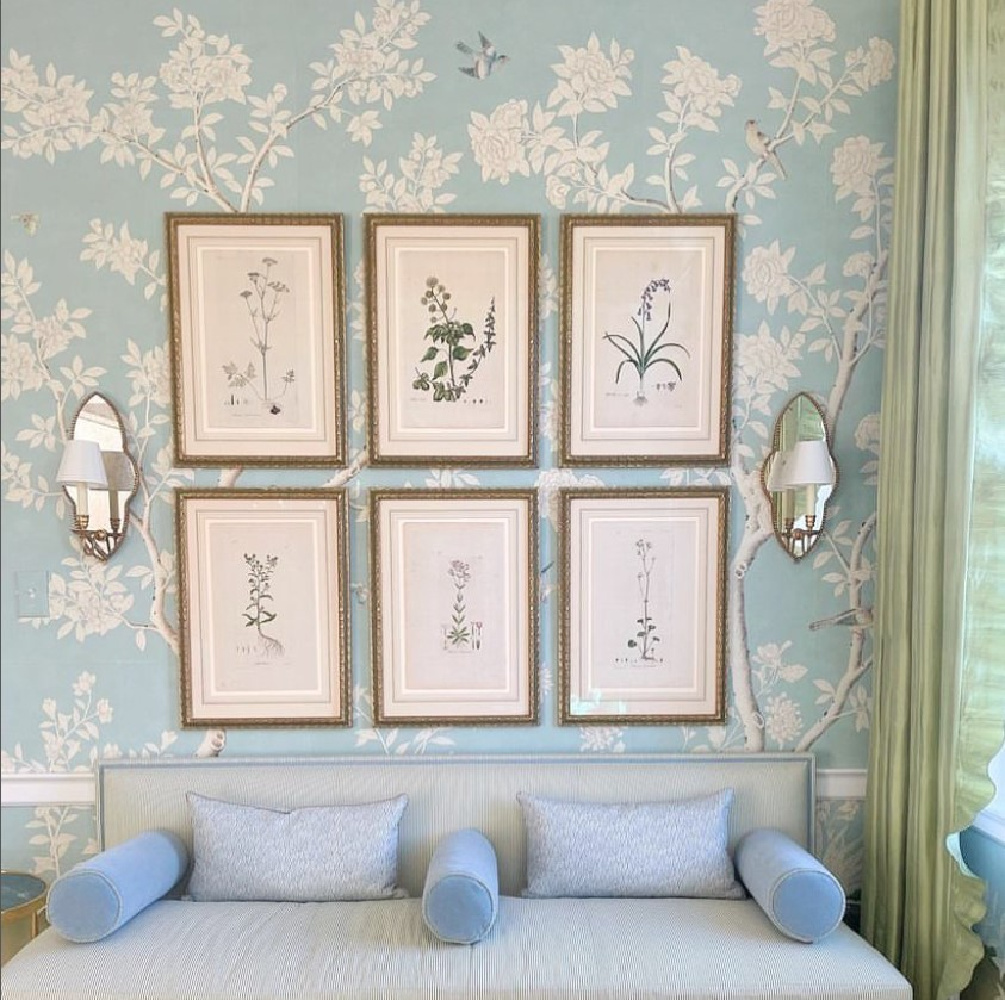 Light blue Gracie wallcovering and blue settee with framed prints and wall sconces - Sarah Bartholomew. #graciewallpaper #lightblue #grandmillennialstyle