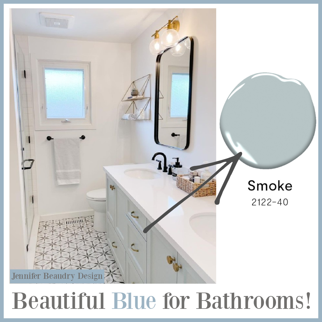 Benjamin Moore Smoke 2122 paint color on a bathroom vanity - Jennifer Beaudry Design. #benjaminmooresmoke #bluepaintcolors