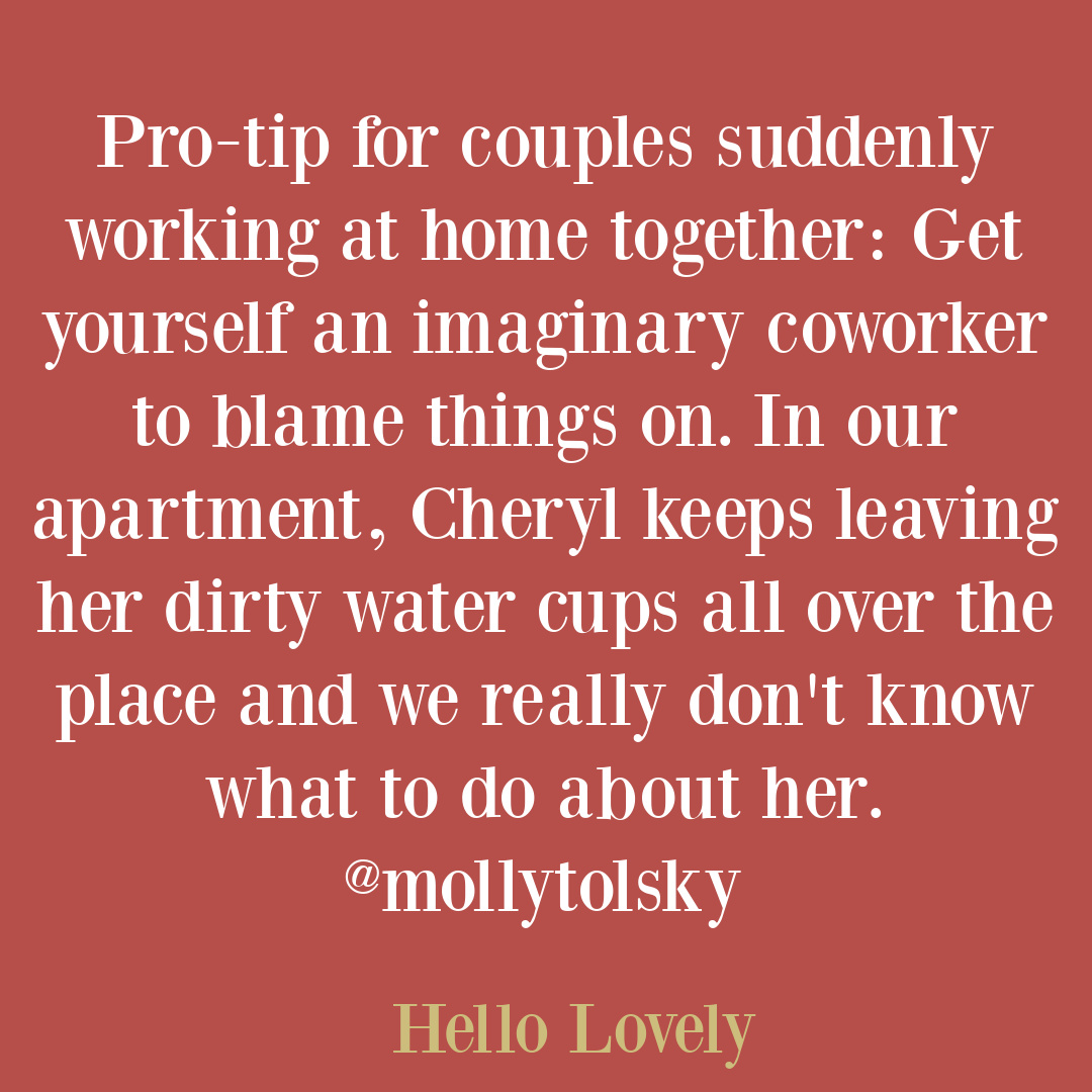 Funny work from home tweet and humor quote from @mollytolsky on Hello Lovely Studio.