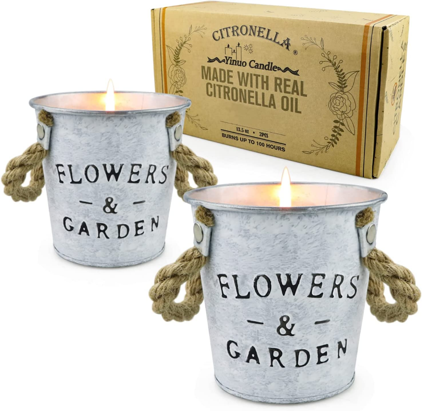 Citronella candles in galvanized buckets