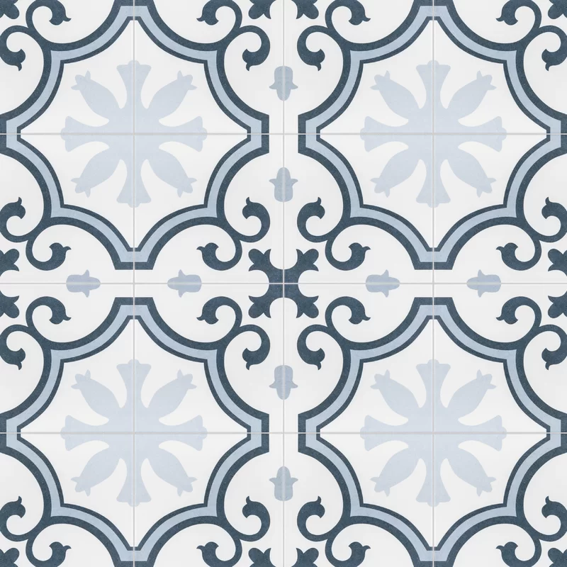Blue patterned Lacour porcelain floor tile.