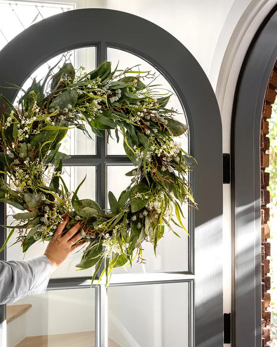 Wild Grass and Eucalyptus Wreath on an arched door - McGee & Co. #naturalwreaths #fauxwreaths #doorwreaths