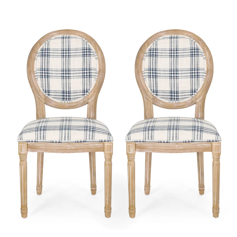 French country blue plaid upholstered Louis style oval back dining chairs. #louisstyle #frenchcountry #diningchairs