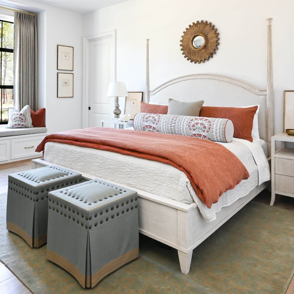 Beautiful modern French country bedroom with orange accents and pale furniture - Morningstar Builders. #frenchbedroom #modernfrench #bedroomdecor