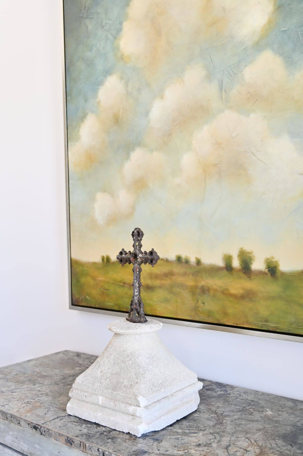 French country foyer with religious art and modern French decor - Morningstar Builders. #modernfrench #foyer #interiordesign