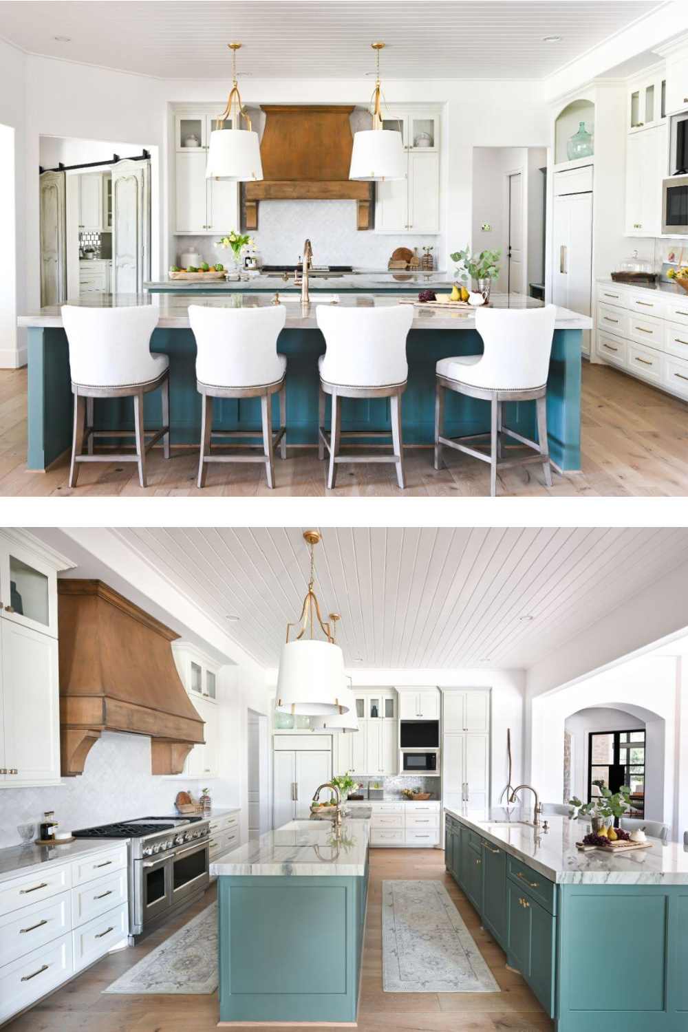 Modern French country kitchen with teal painted island, wood range hood, and paneled refrigerator - Morningstar Builders. #modernfrenchkitchen #frenchcountryinteriors