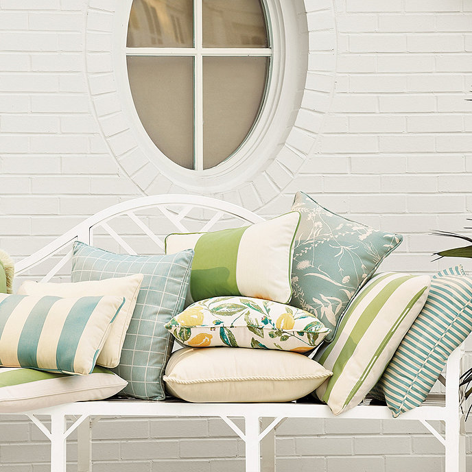Canopy stripe (Spa Blue) outdoor pillow covers - Ballard Designs. #spablue #stripepillows #outdoorpillows