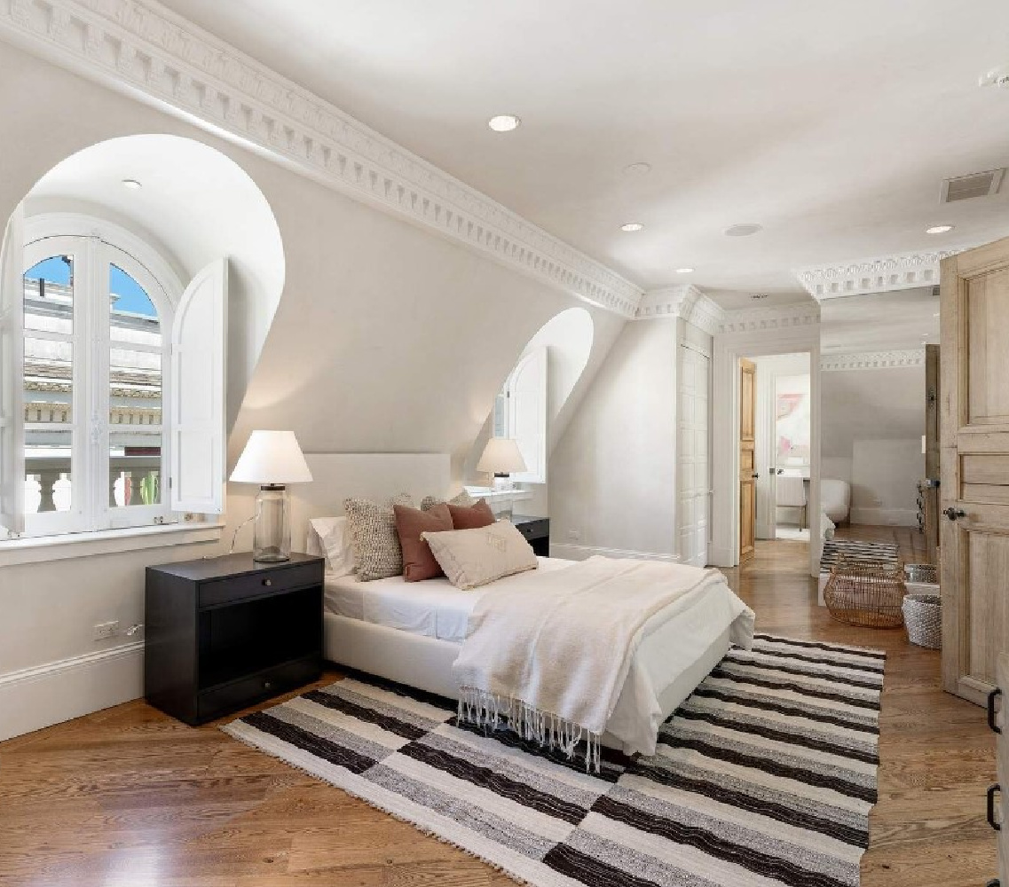 Magnificent architectural window dormers in a bedroom in a Parisian style mansion in San Francisco. #modernfrench #frenchbedroom