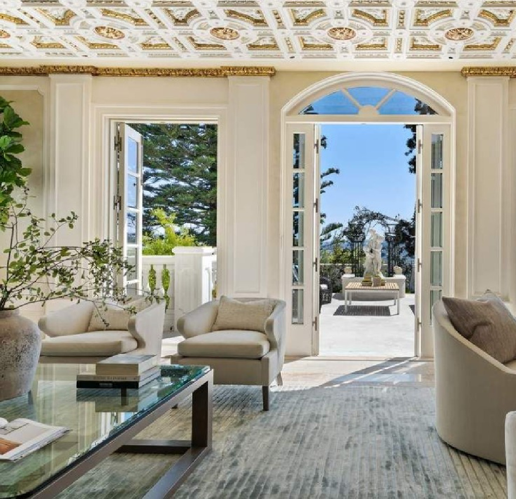 Opulent and ornate ceiling in a living room within a French inspired manse in San Francisco. #modernfrench #livingroom