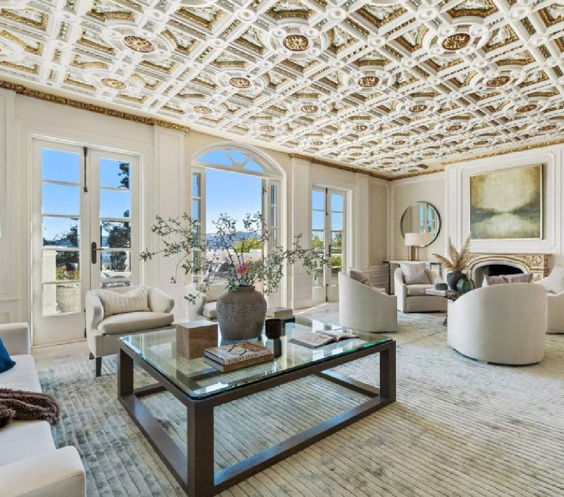 Opulent and ornate ceiling in a living room within a French inspired manse in San Francisco. #modernfrench #livingroom