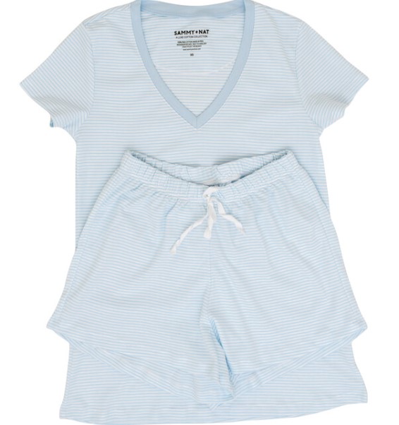 Sammy & Nat blue stripe pima pajamas at Maisonette. #womenspajamas #lightbluestripe