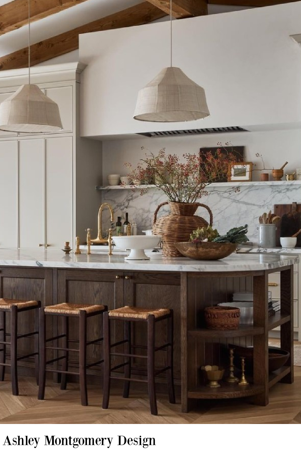 Ashley Montgomery Designed timeless kitchen with marble shelf above range. #timelesskitchens