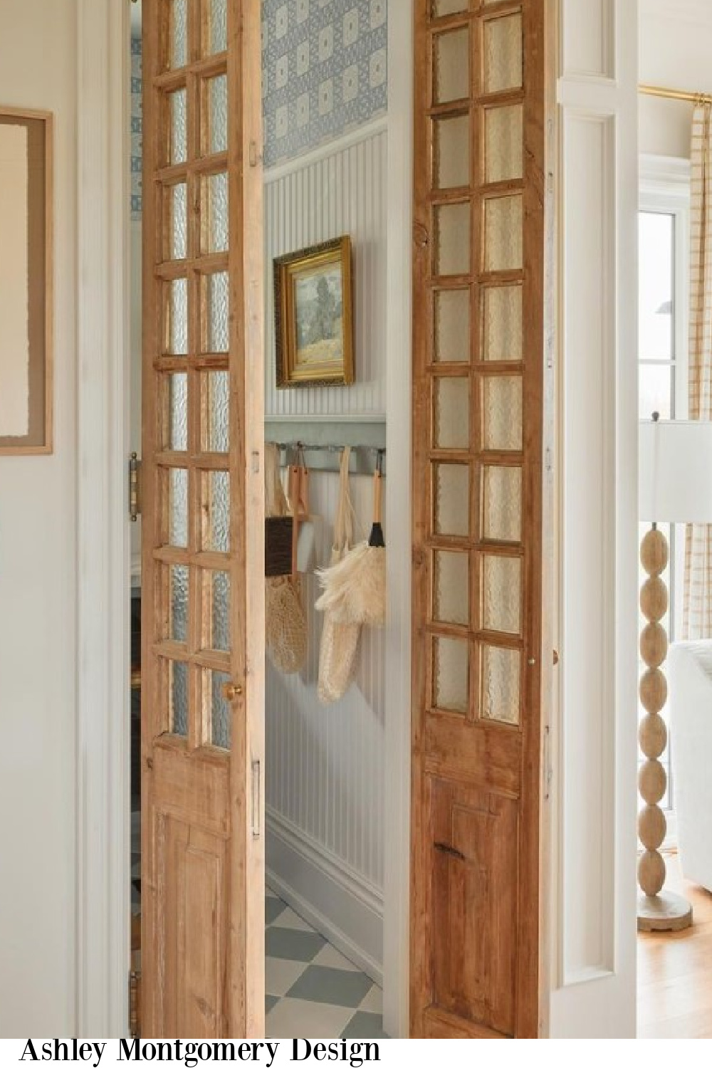 Beautifully designed pantry with narrow French doors - Ashley Montgomery Design. #kitchenpantry #timelessdesign