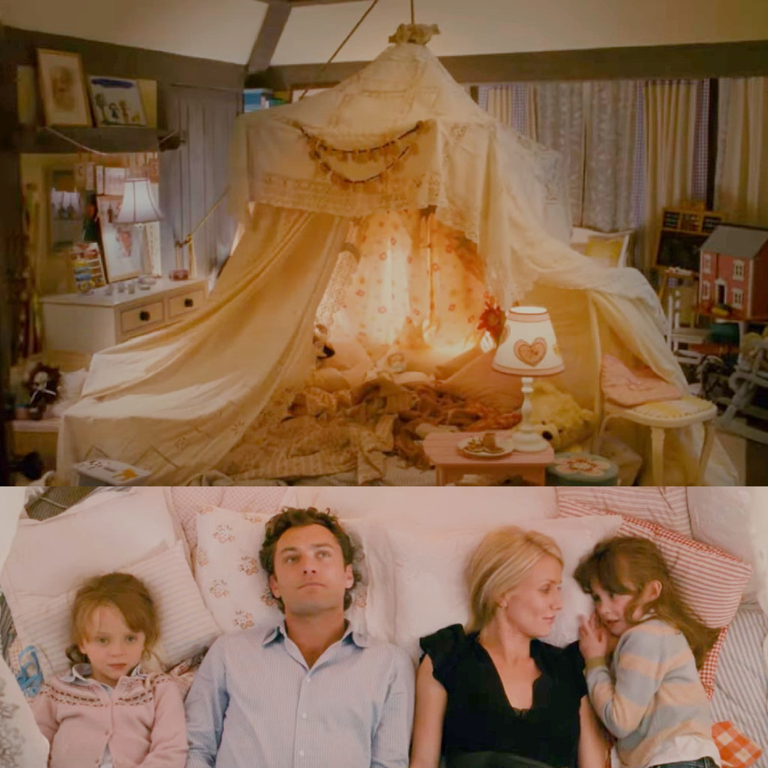 The Holiday movie scene with magical tent in Sophie and Olivia's room when they invite Amanda to stay. #theholiday