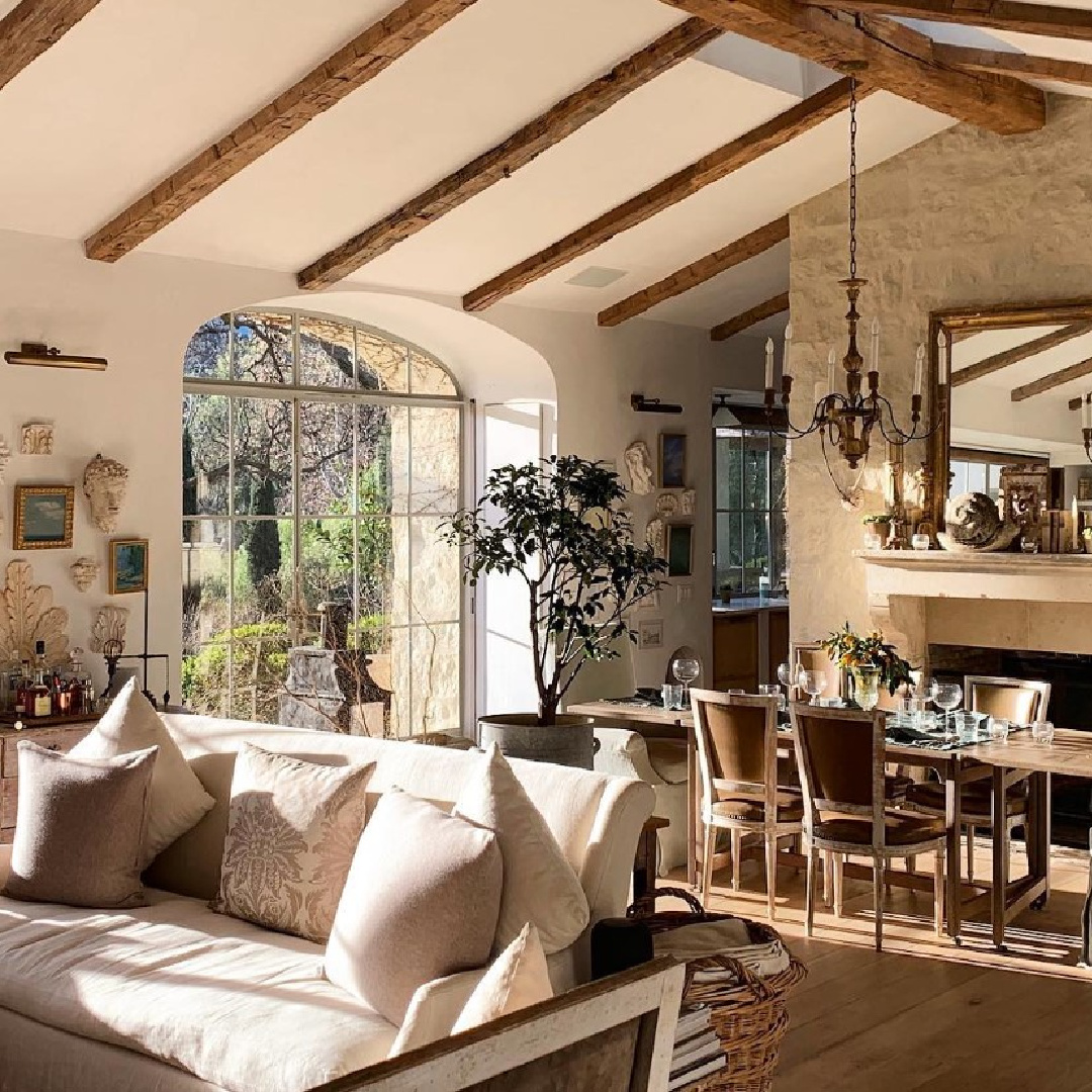 Modern French farmhouse style in a living room with rustic decor at Patina Farm - Velvet and Linen. #modernfrench #livingrooms #patinafarm