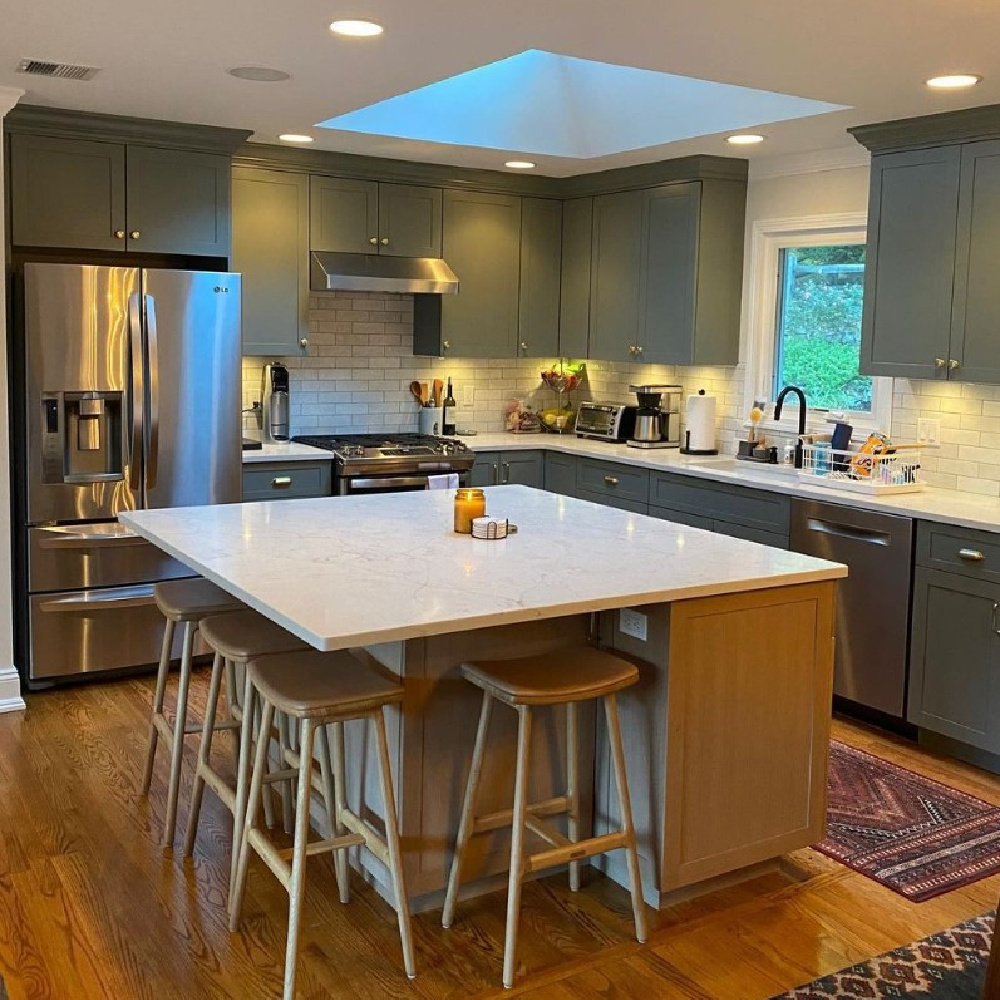 Duxbury Gray (Benjamin Moore) is an earthy green paint color on kitchen cabinets - @allisonwebb. #duxburygray #greenpaintcolors