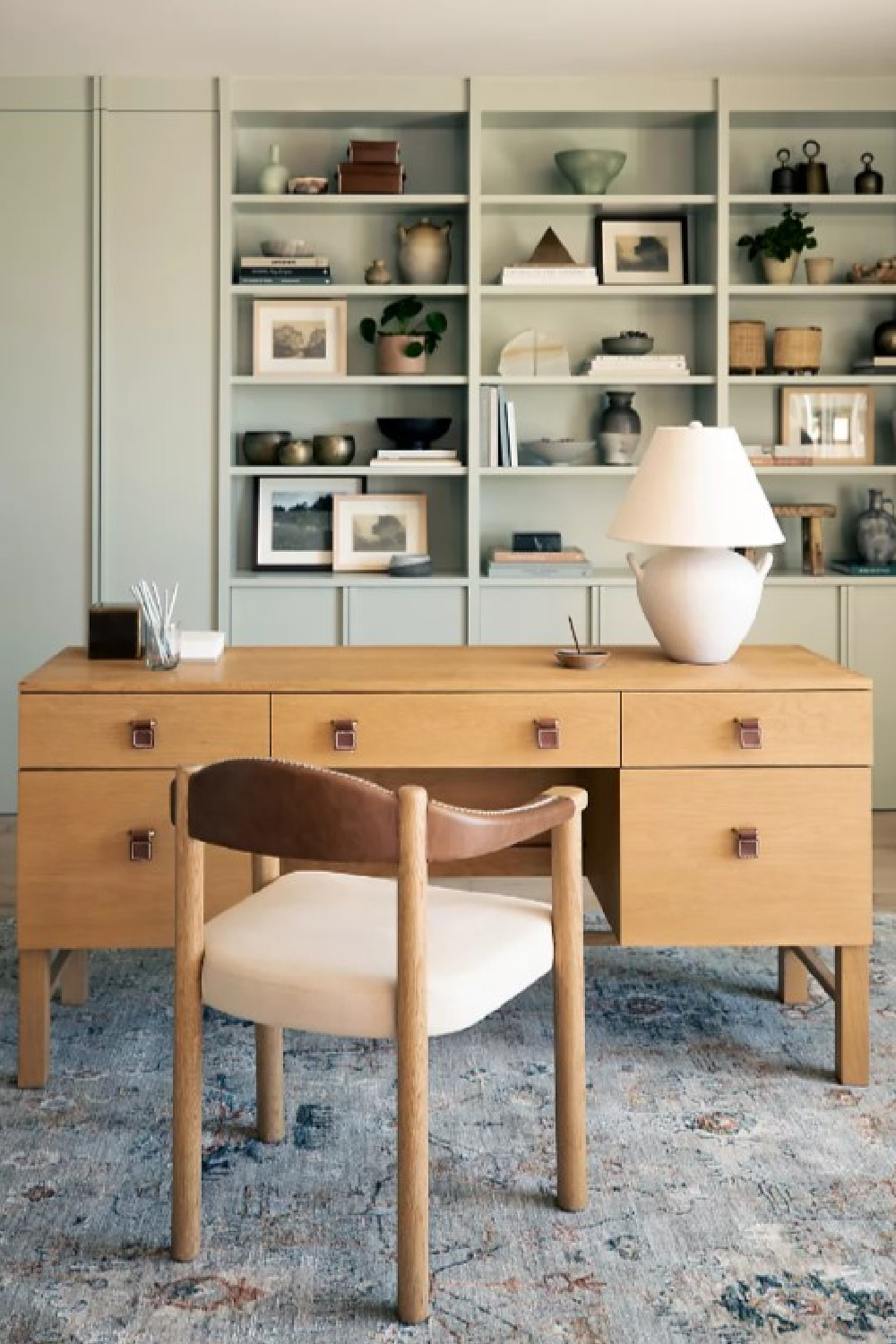 Beautiful modern rustic home office with desk, chair, lamp and Revery rug designed by Amber Lewis. #modernrustic #homeoffice