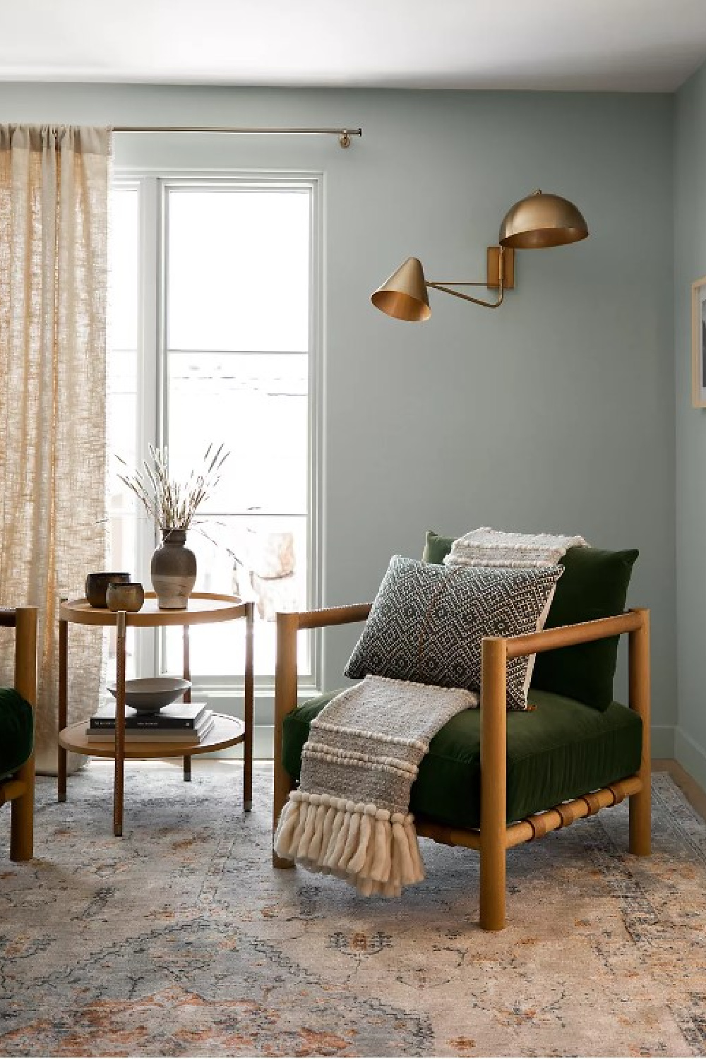 Revery rug in a gorgeous modern rustic room with soft blue-grey walls by Amber Lewis. #arearugs #livingroomdecor