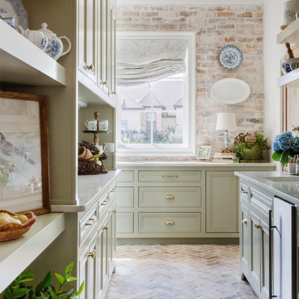 Gorgeous French country kitchen with limed brick wall and light grey cabinets - Brittany Jones (@beccaleaphoto). #frenchcountrykitchen
