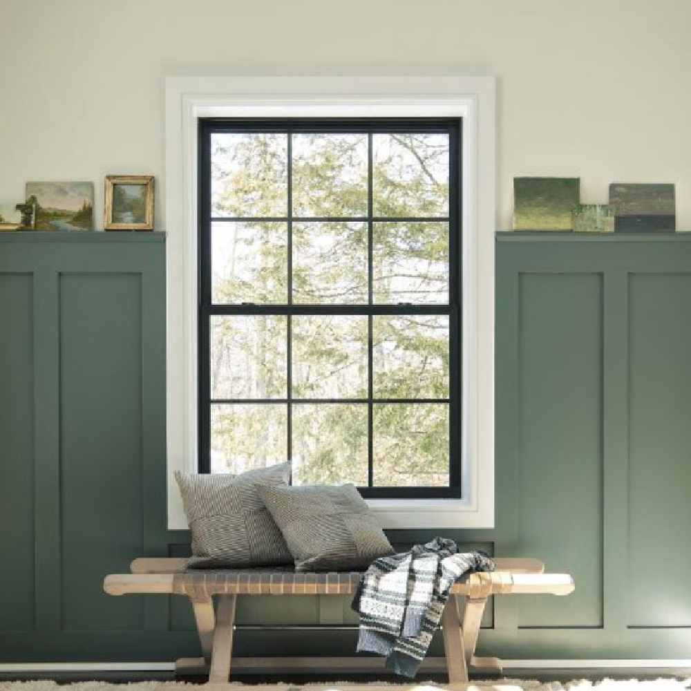 Cedar Mountains 706 Benjamin Moore green paint color on paneling in a beautiful home. #cedarmountains #greenpaintcolors