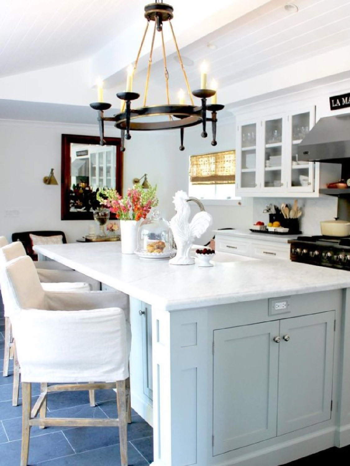 Benjamin Moore Fieldstone paint color on cabinets in a beautiful French inspired kitchen by ClassicCasualHome. #fieldstone #greenpaintcolors