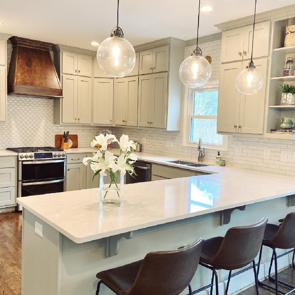 Fieldstone (Benjamin Moore) painted kitchen cabinets - HuttonandRay. #greenkitchen #fieldstone #greenpaintcolors