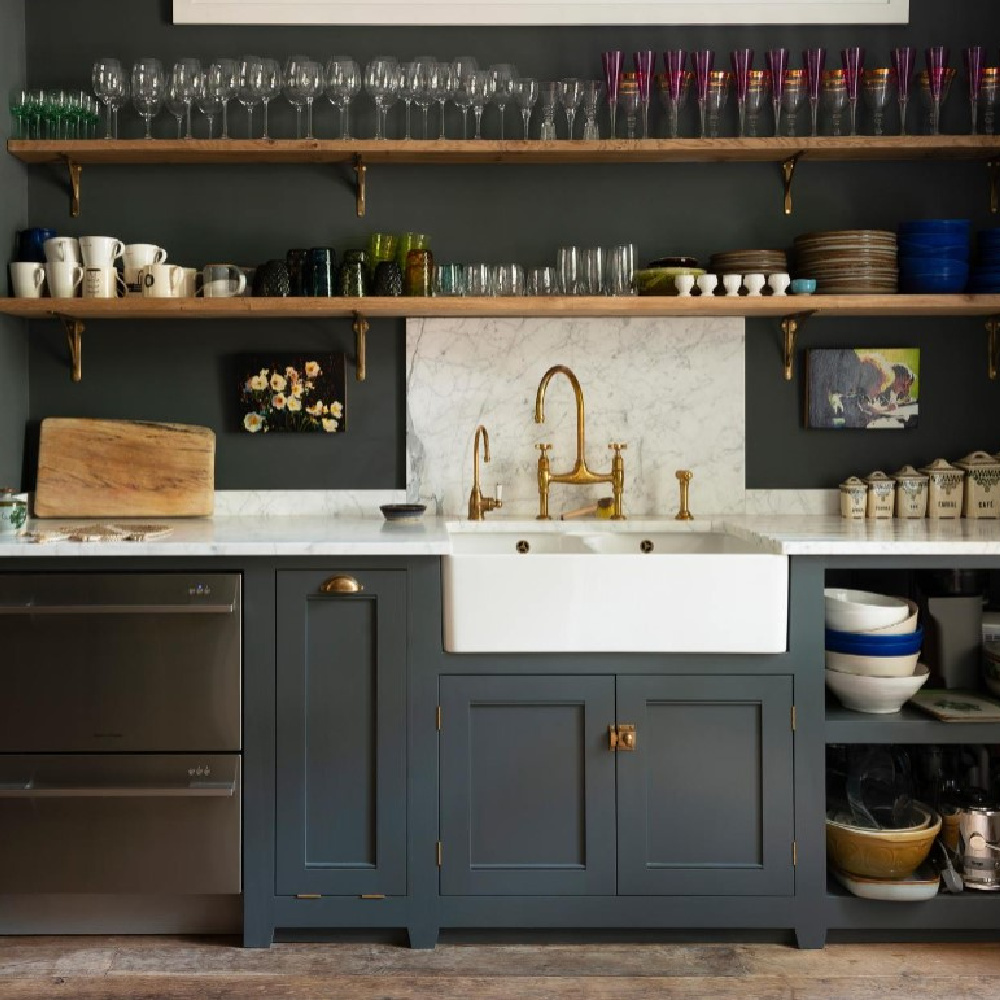 deVOL kitchen with dark gray blue cabinets and open shelving. #englishcountry #europeankitchen