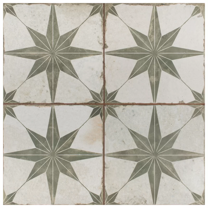 Sage green ceramic patterned wall and floor tile.