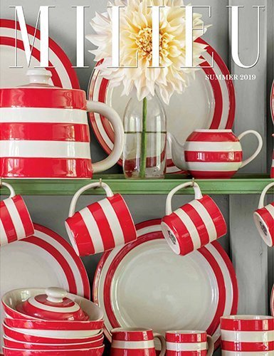 Milieu magazine summer 2019 cover with red and white stripe dishes and green shelves. #milieu