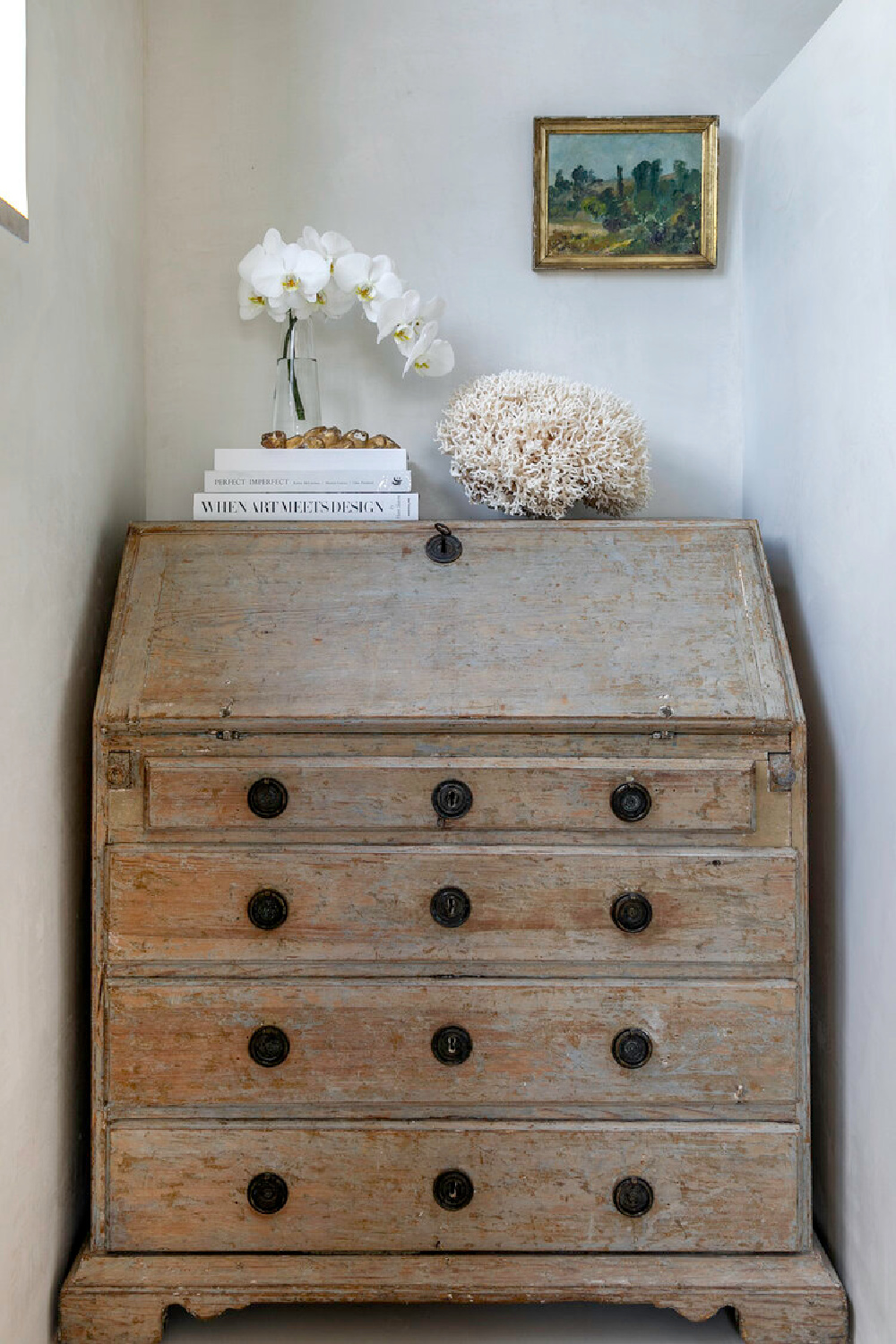 Antique desk in a space designed by Jill Egan. #europeancountry #oldworldstyle