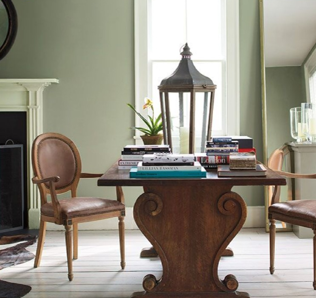 Louisburg Green (Benjamin Moore) sage paint color in a traditional style room. #louisburggreen #greenpaintcolors